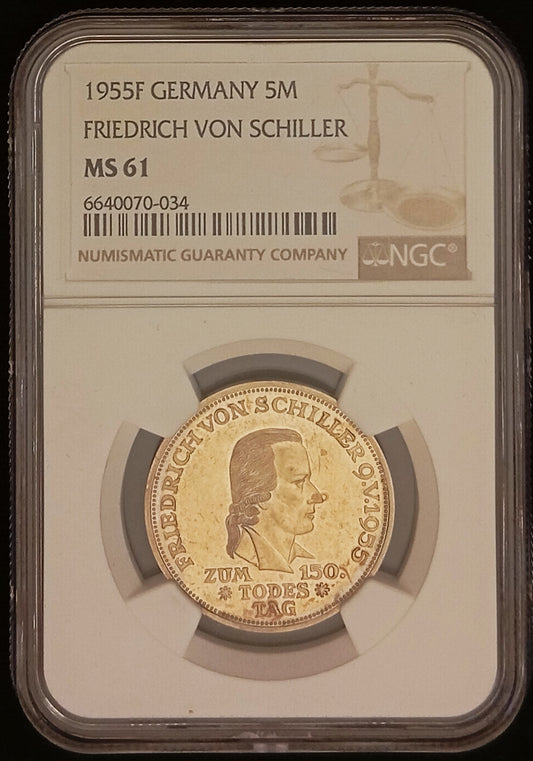 150. TODESTAG VON FRIEDRICH VON SCHILLER, Serie 5 DM Silbermünze NGC MS 61, 1955