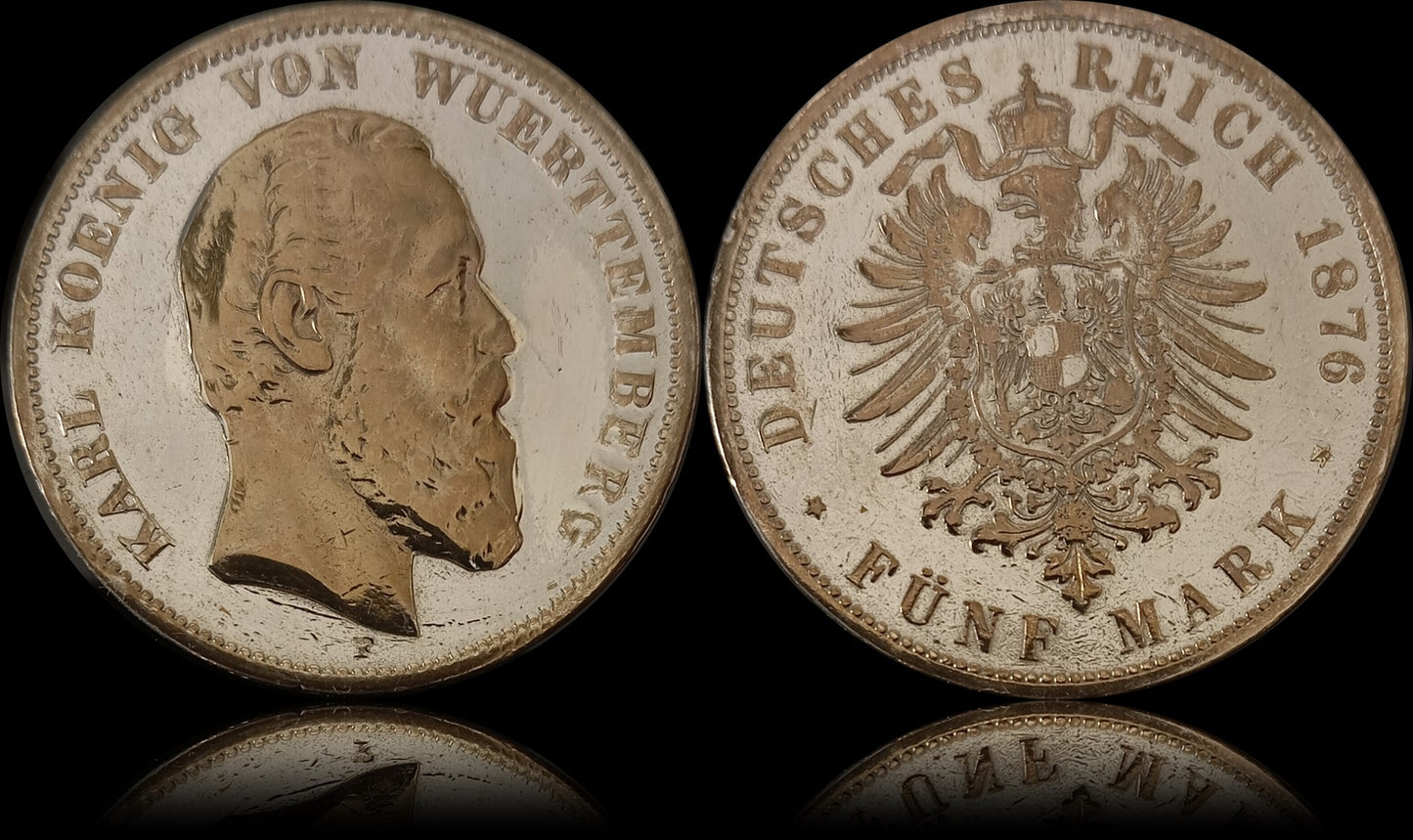 5 Mark Württemberg 1876 F Silber, Kaiser Karl, Deutsches Kaiserreich, Jaeger-Nr. 173