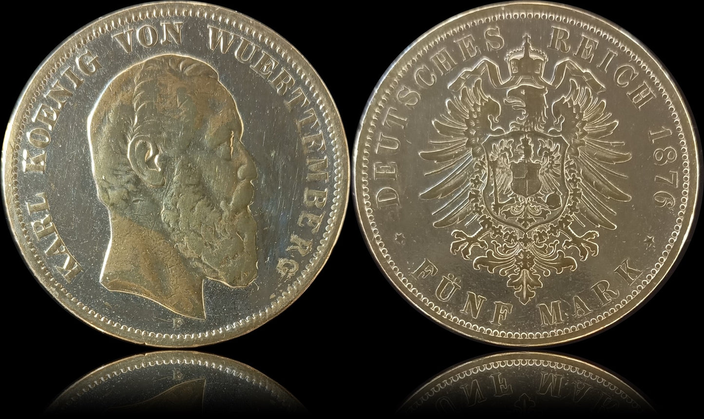 5 Mark Württemberg 1876 F Silber, Kaiser Karl, Deutsches Kaiserreich, Jaeger-Nr. 173