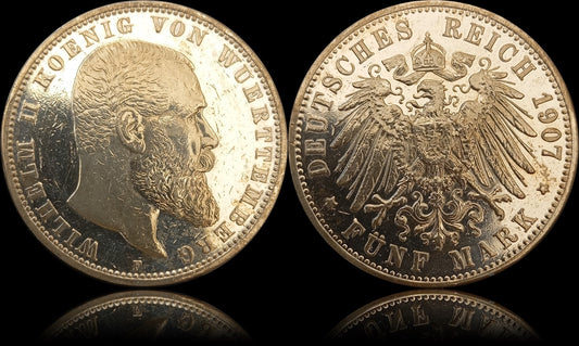 5 Mark Württemberg 1907 F Silber, Kaiser Wilhelm II. Deutsches Kaiserreich, Jaeger-Nr. 176