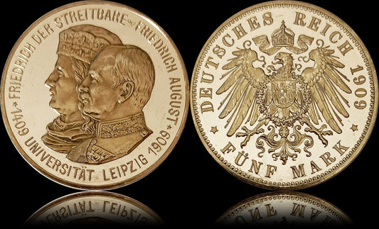 5 Mark Sachsen 1909 E, 500 JAHRE UNIVERSITÄT LEIPZIG, Deutsches Kaiserreich, Jaeger-Nr. 139