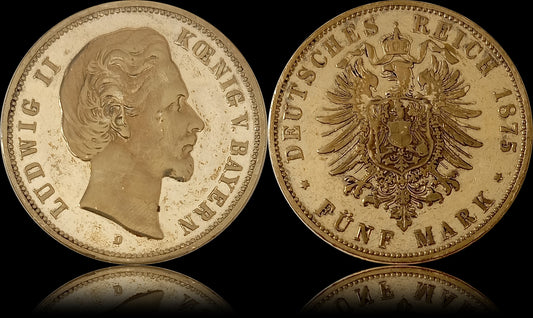 5 Mark Bayern 1875 D Silber, König Ludwig II, Deutsches Kaiserreich, Jaeger-Nr. 42