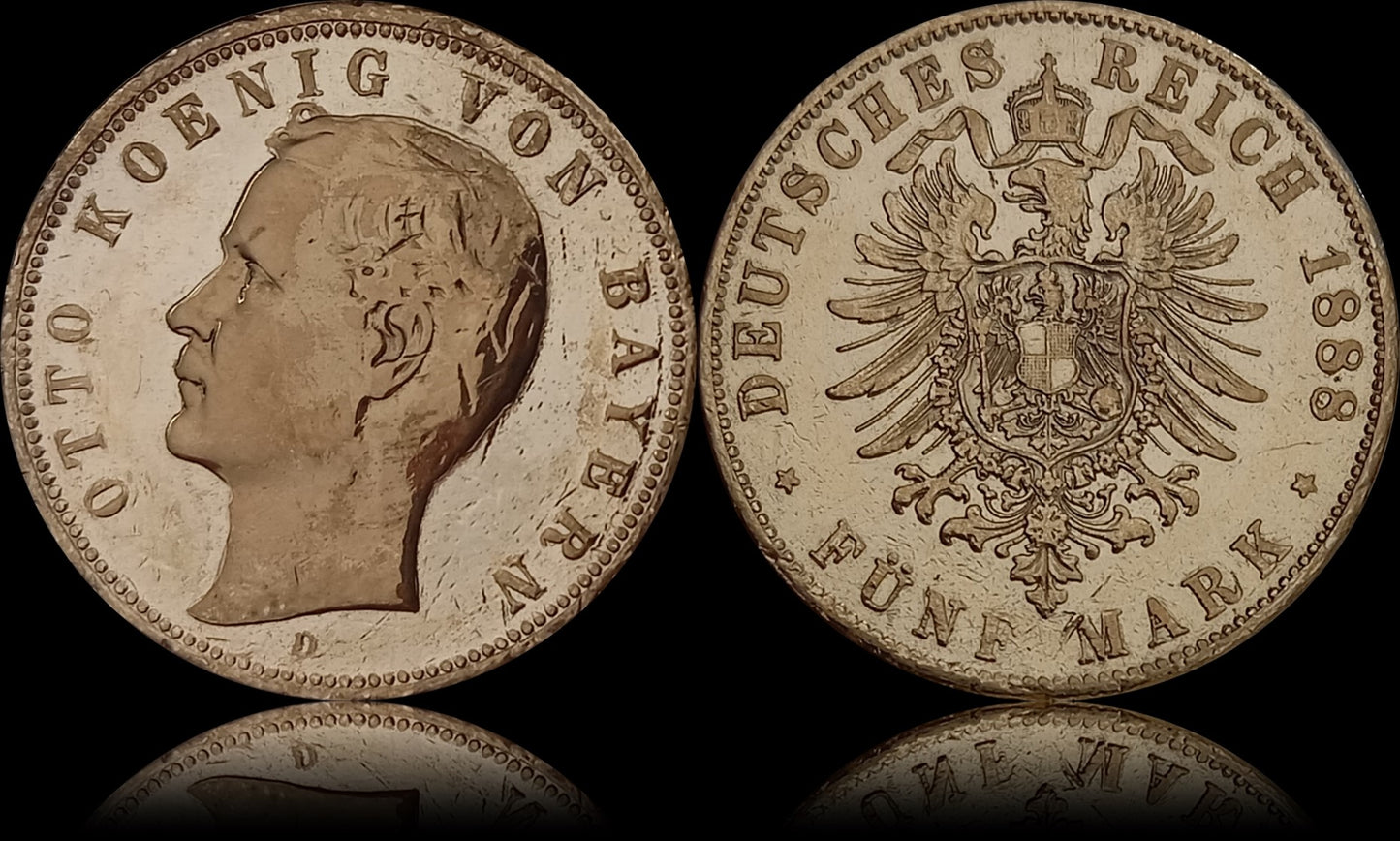 5 Mark Bayern 1888 D Silber, König Otto, Deutsches Kaiserreich, Jaeger-Nr. 40