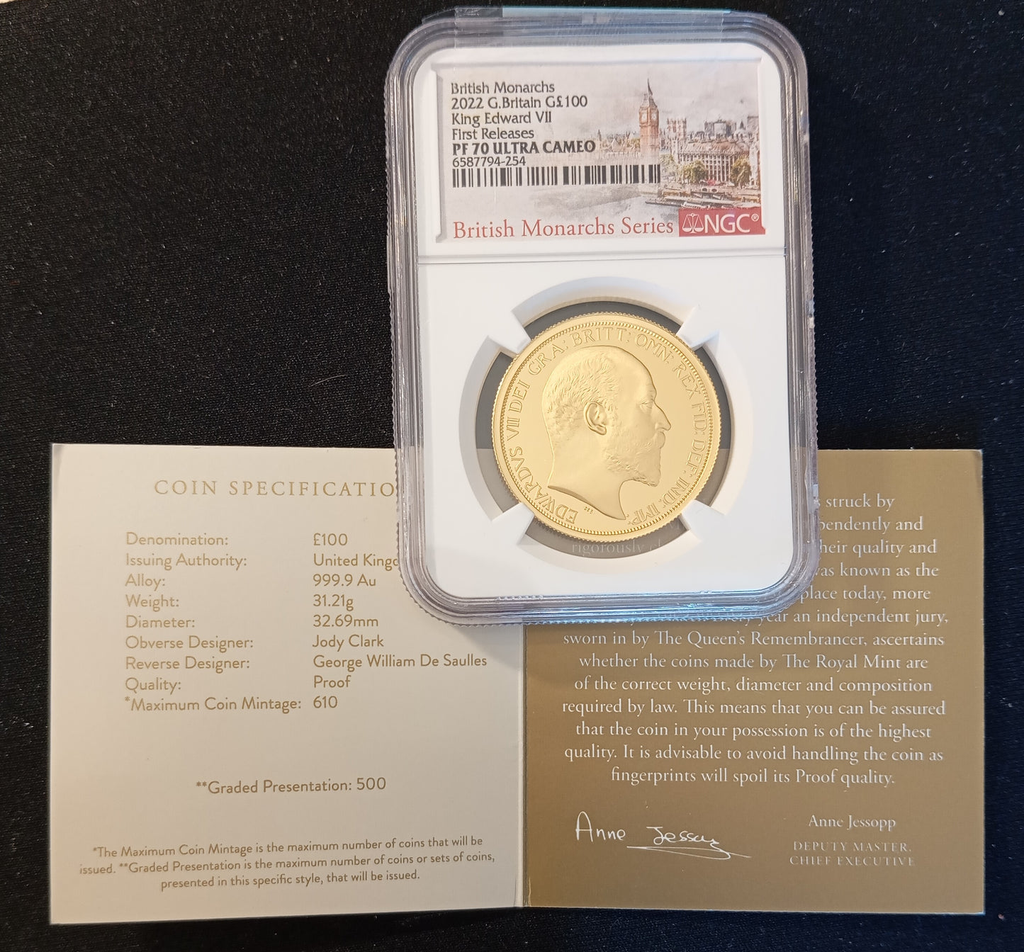 Edward VII, British Monarchs, 1 Oz Gold 100 £, Proof NGC PF 70, 2022