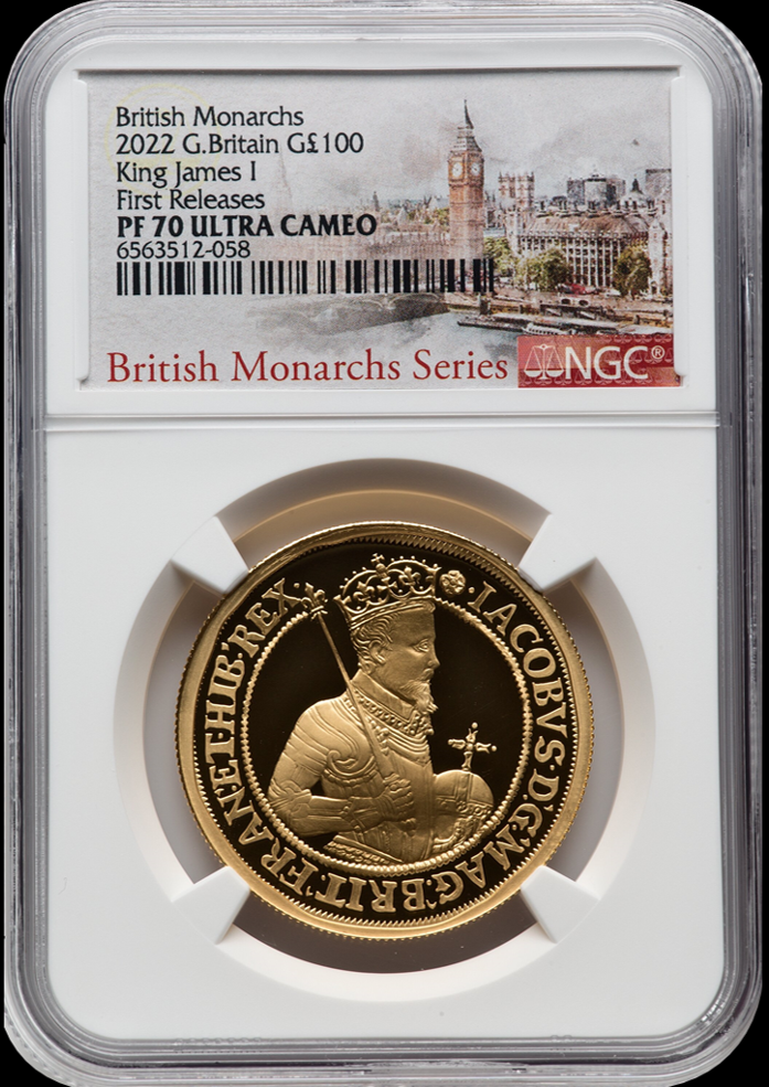 James I, British Monarchs, 1 Oz Gold 100 £, Proof NGC PF 70, 2022