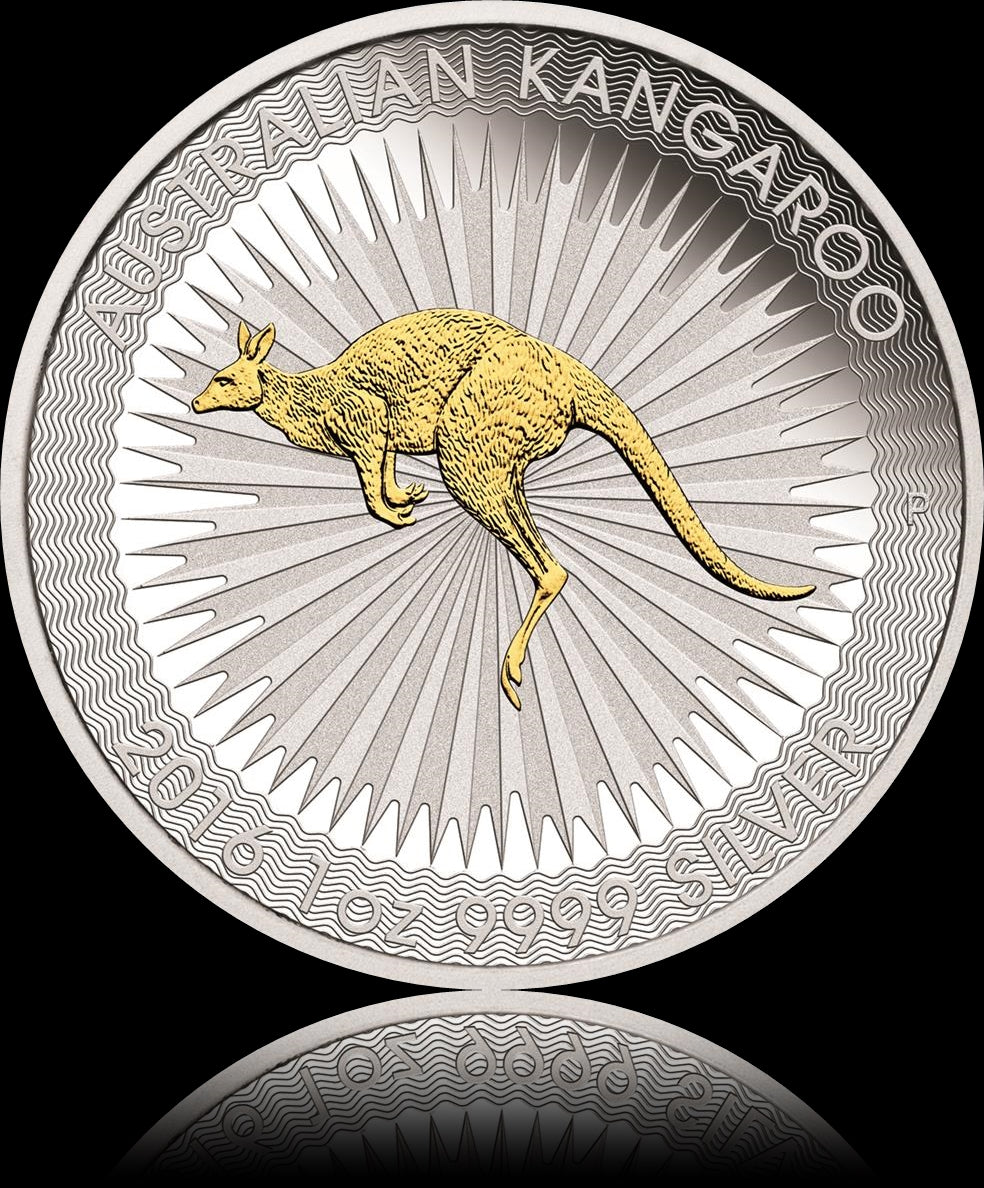 KANGAROO, Serie Perth Mint, Australia 1 oz Silber Prooflike Gilded, 1$, 2016