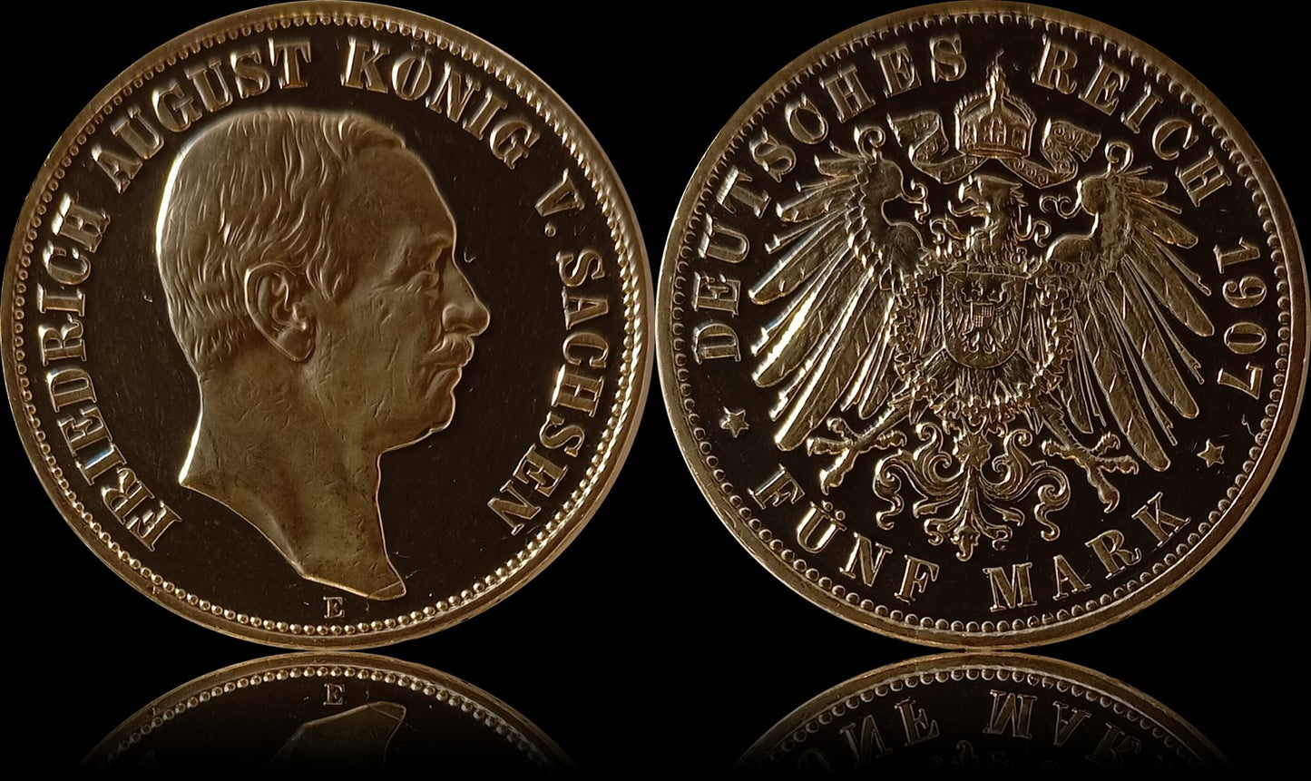 5 Mark Sachsen 1907 E Silber, König Friedrich August, Deutsches Kaiserreich, Jaeger-Nr. 136