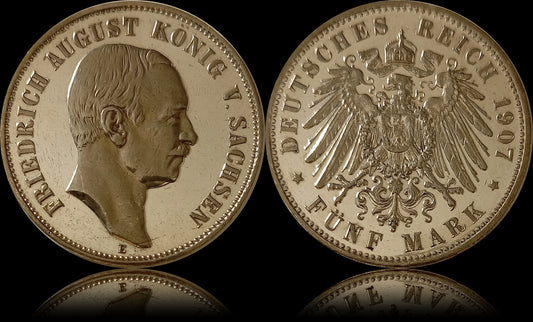 5 Mark Sachsen 1907 E Silber, König Friedrich August, Deutsches Kaiserreich, Jaeger-Nr. 136