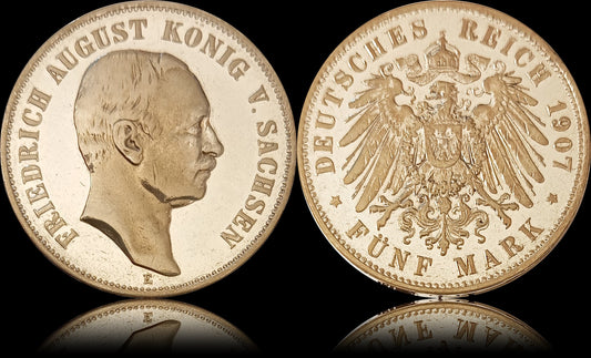 5 Mark Sachsen 1907 E Silber, König Friedrich August, Deutsches Kaiserreich, Jaeger-Nr. 136