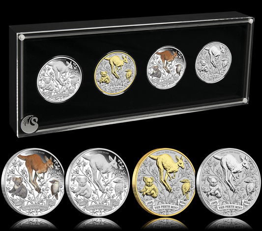 PERTH MINT´s 125th ANNIVERSARY 4-COIN SET, 4 x 1 oz Silver 4 $, Proof, Gilded, BU, Coloured, 2024