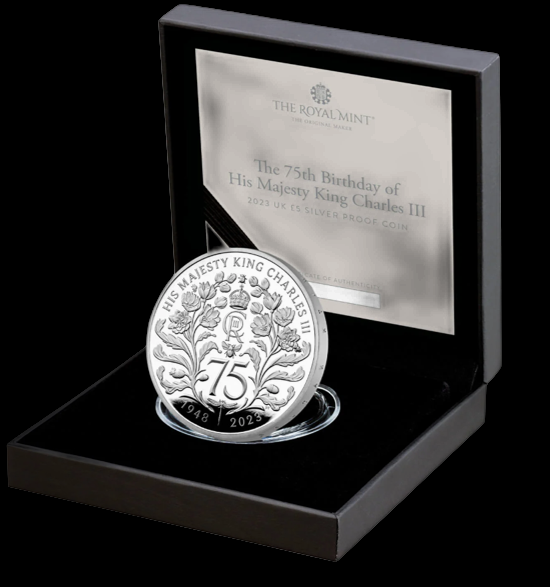 75th Birthday of His Majesty King Charles III, 1 oz Silver Proof 5 £, Proof, 2023