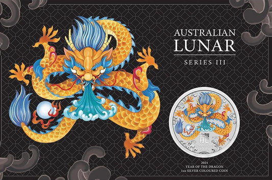 YEAR OF THE DRAGON COLOURED, Serie Perth Mint Lunar III, 1 oz Silber BU in Blister, 1$, 2024