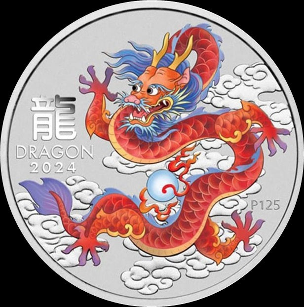 YEAR OF THE DRAGON RED, Serie Perth Mint Lunar III, 1 oz Silber BU in Blister, 1$, 2024