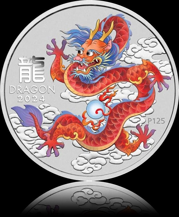 YEAR OF THE DRAGON RED, Serie Perth Mint Lunar III, 1 oz Silber BU in Blister, 1$, 2024