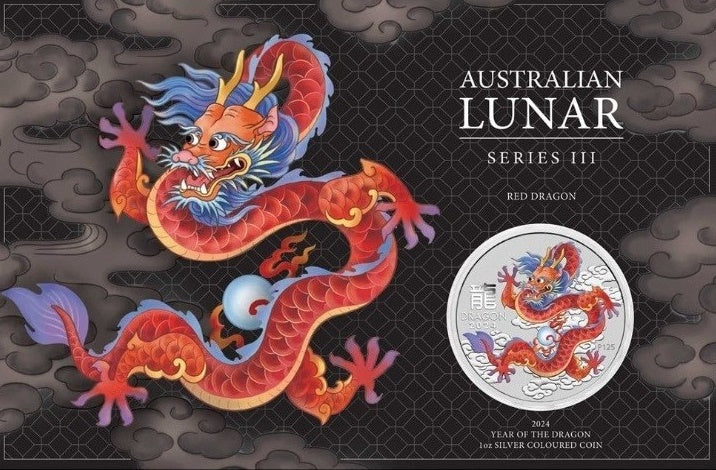 YEAR OF THE DRAGON RED, Serie Perth Mint Lunar III, 1 oz Silber BU in Blister, 1$, 2024