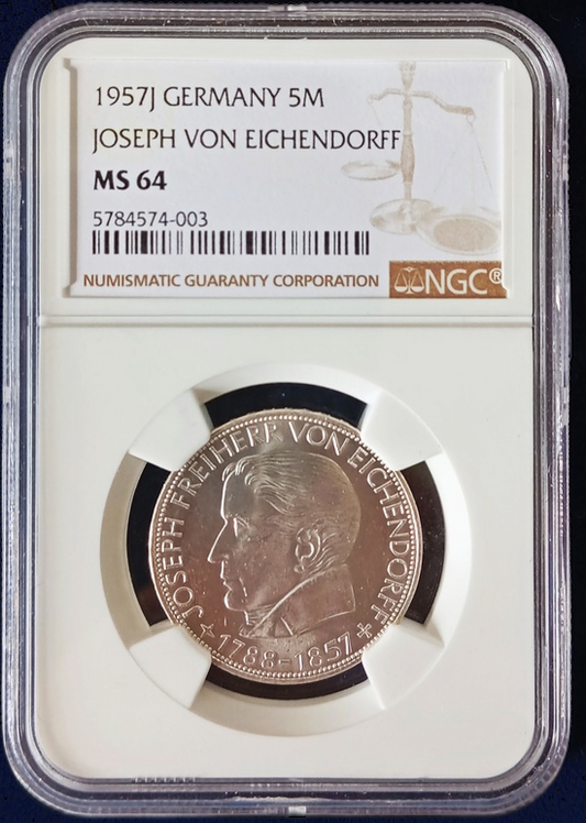 100TH ANNIVERSARY OF THE DEATH OF BARON VON EICHENDORFF, series 5 DM silver coin, 1957