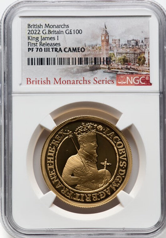 James I, British Monarchs, 1 Oz Gold 100 £, Proof NGC PF 70, 2022