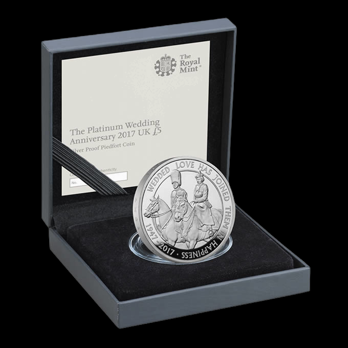 THE PLATINUM WEDDING ANNIVERSARY, 1 oz Silver Piedford Proof, 5 £, 2017