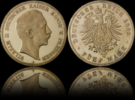 5 Mark Preußen 1888 A Silber, Kaiser Wilhelm II. Deutsches Kaiserreich, Jaeger-Nr. 101