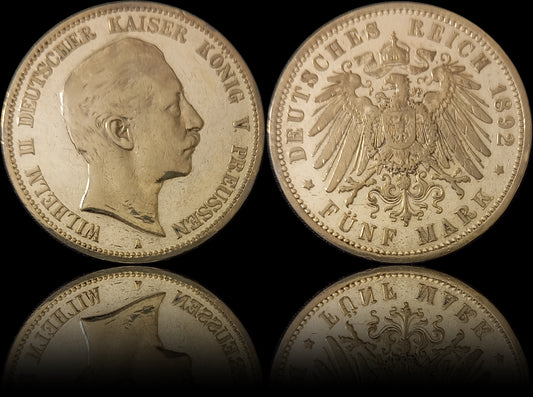 5 Mark Preußen 1892 A Silber, Kaiser Wilhelm II. Deutsches Kaiserreich, Jaeger-Nr. 104