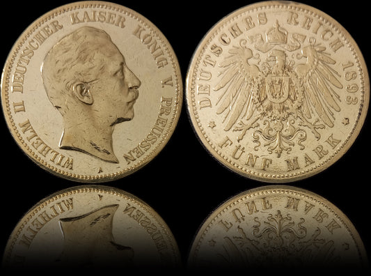 5 Mark Preußen 1893 A Silber, Kaiser Wilhelm II. Deutsches Kaiserreich, Jaeger-Nr. 104