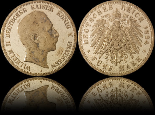 5 Mark Preußen 1894 A Silber, Kaiser Wilhelm II. Deutsches Kaiserreich, Jaeger-Nr. 104