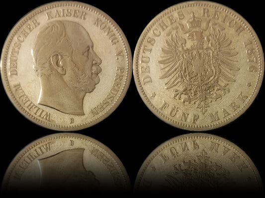 5 Mark Preußen 1876 B Silber, Kaiser Wilhelm I. Deutsches Kaiserreich, Jaeger-Nr. 97