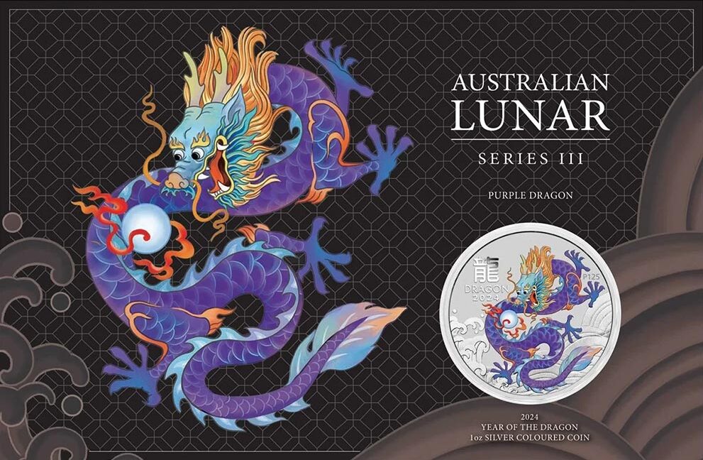 YEAR OF THE DRAGON PURPLE, Serie Perth Mint Lunar III, 1 oz Silber BU in Blister, 1$, 2024