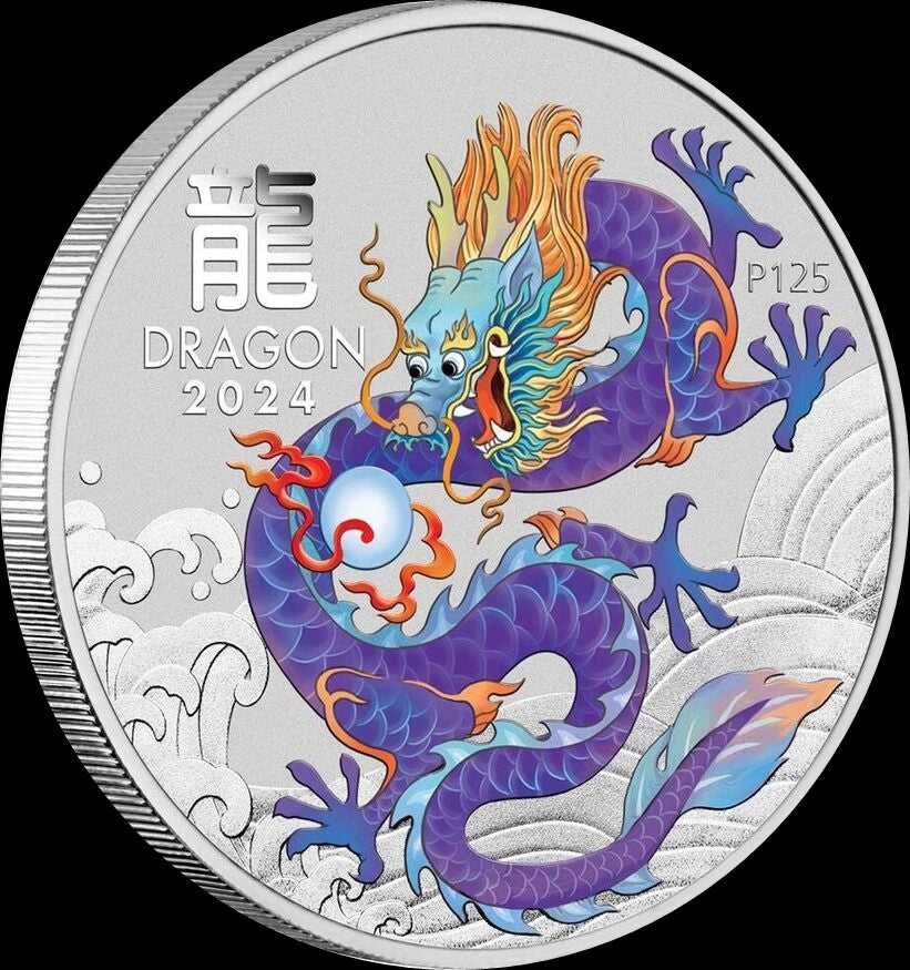 YEAR OF THE DRAGON PURPLE, Serie Perth Mint Lunar III, 1 oz Silber BU in Blister, 1$, 2024