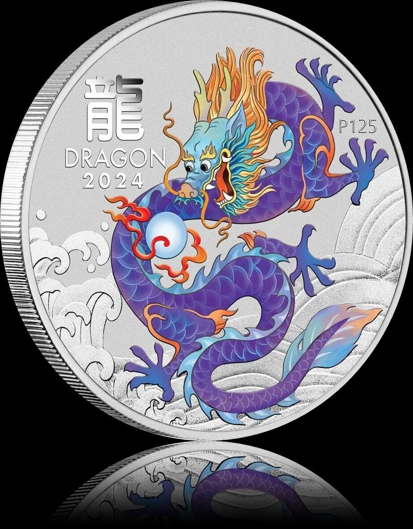 YEAR OF THE DRAGON PURPLE, Serie Perth Mint Lunar III, 1 oz Silber BU in Blister, 1$, 2024