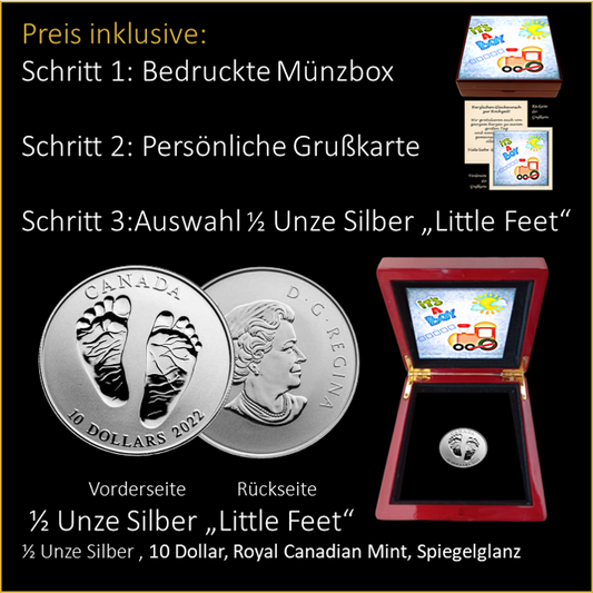 Geburt - Boy - Eigener Text - 1/2 Unze Silber "Little Feet"