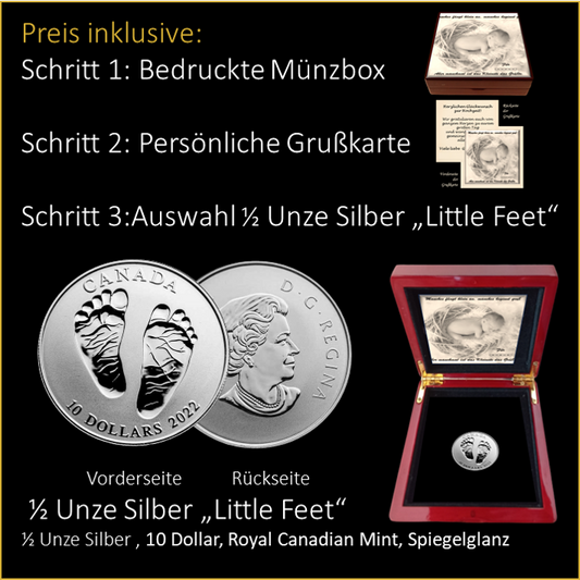 Geburt - Nest - Eigener Text - 1/2 Unze Silber "Little Feet"