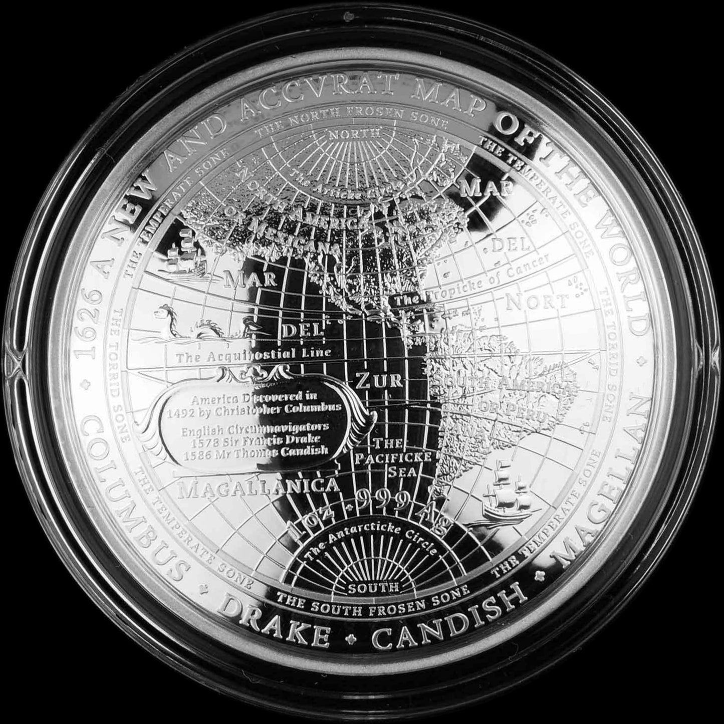 A NEW MAP OF THE WORLD 1626, Series Terrestrial Silver, 1 oz Silver Proof Domed $1, 2018