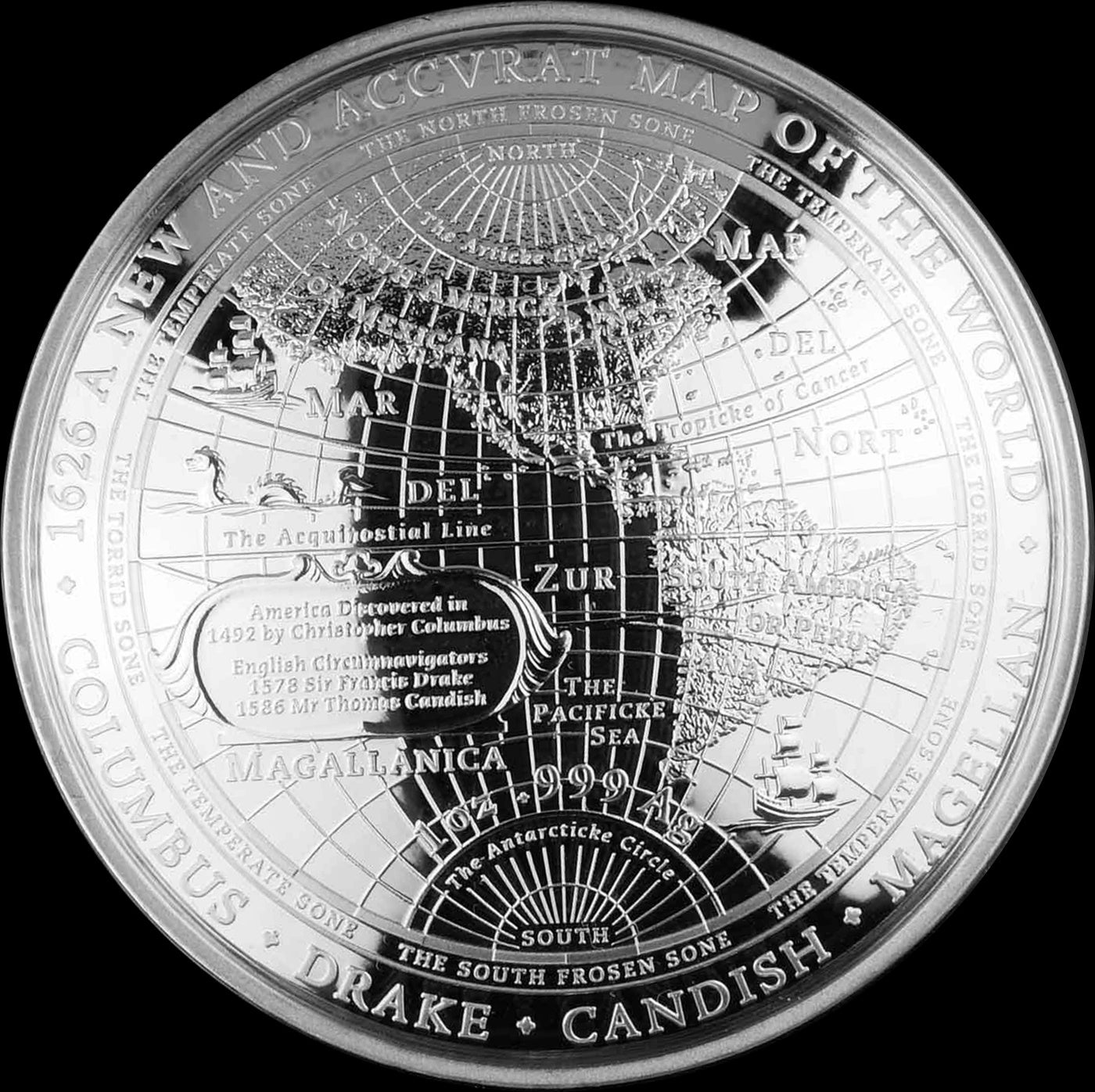 A NEW MAP OF THE WORLD 1626, Series Terrestrial Silver, 1 oz Silver Proof Domed $1, 2018