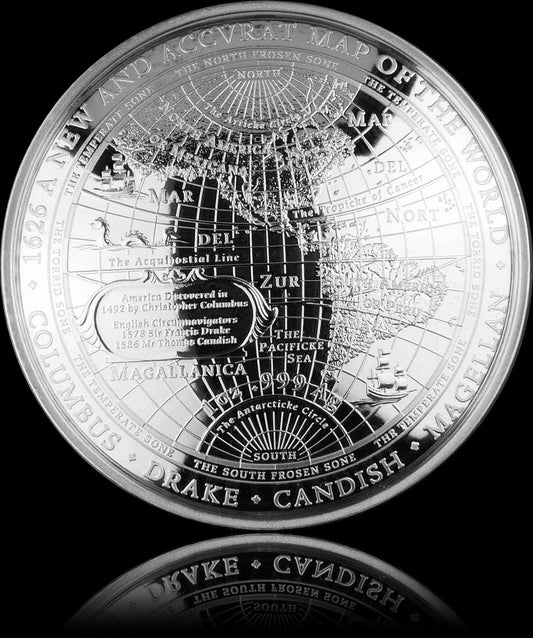 A NEW MAP OF THE WORLD 1626, Series Terrestrial Silver, 1 oz Silver Proof Domed $1, 2018