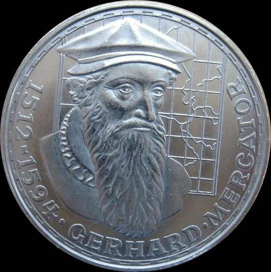 375TH DEATH ANNIVERSARY OF GERHARD MERCATOR, series 5 DM silver coin, 1975