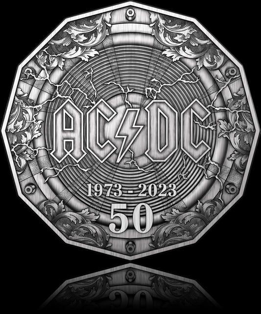 AC/DC, 50-jähriges Jubiläum,  0,5 oz Silver, Antique Proof, 2023