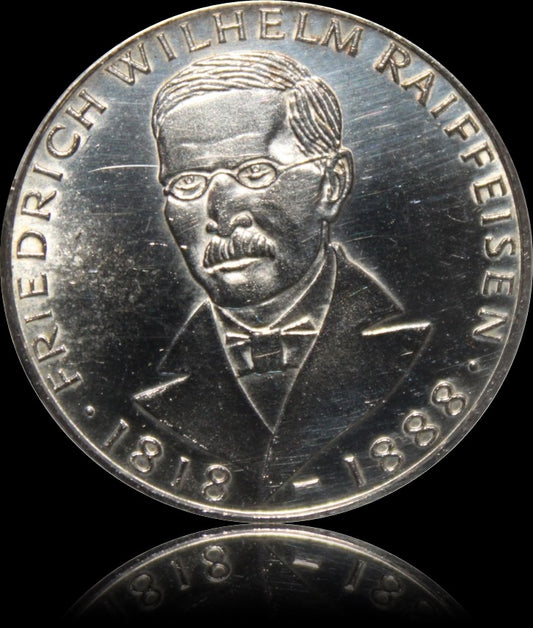 150TH BIRTHDAY OF FRIEDRICH WILHELM RAIFFEISEN, series 5 DM silver coin, 1968