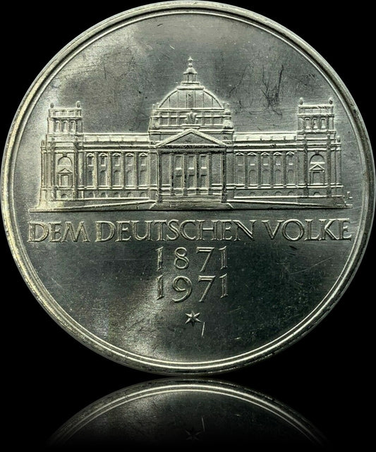 100TH ANNIVERSARY OF THE FOUNDING OF THE EMPIRE, series 5 DM silver coin, 1971
