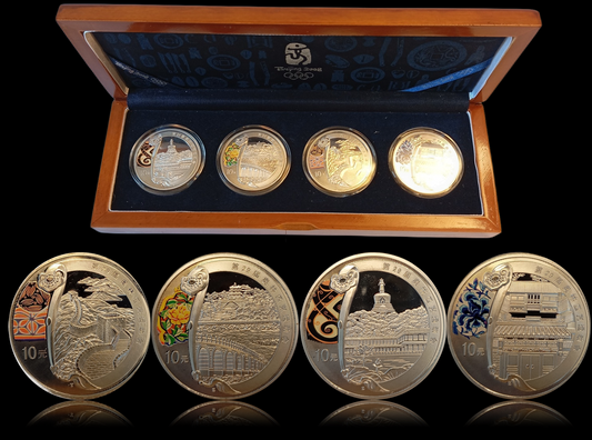 OLYMPIA PEKING 2008 BAUWERKE, 4 x 1 oz Silber, 4 x 10 Yuan, China, 2008