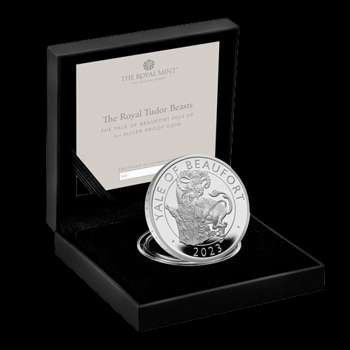 THE BEAUFORT, Serie The Royal Tudor Beasts, 1 oz Silver Proof Coin 2 £, 2023, Zertifikat 0004